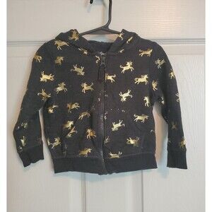 Cat And Jack Black Zip Hoodie With Shiny Gold Unicorns Toddler Girl 18 Months